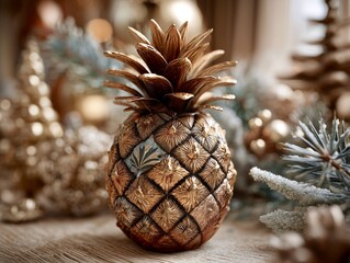 Luxury decorative pineapple sculpture with ornate textured metallic finish on festive bokeh background for christmas and interior design concept