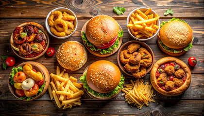 A delicious assortment of fast food, including burgers, fries, onion rings, and mini pizzas, arranged on a rustic wooden surface