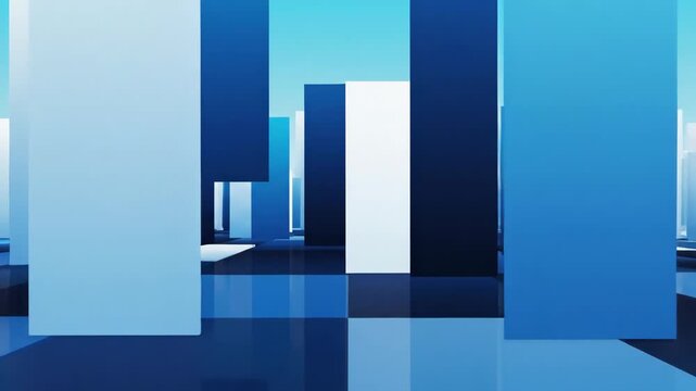 Abstract Geometric Cityscape - The video features an abstract cityscape composed of tall, rectangular prisms in varying shades of blue and white.
