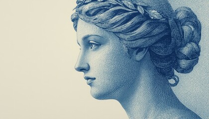 A blue-toned illustration of a woman's face in profile, showcasing her elegant hairstyle and serene expression.