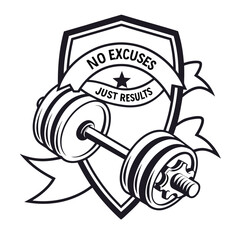 No Excuses Just Results Dumbbell Emblem