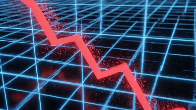 Descending Red Arrow on a Grid - A bright red arrow goes downward, across a grid of blue lines. The background has scattered red specks, providing a textured, abstract effect.