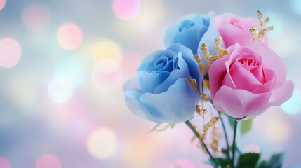 Bouquet of three roses with gold accents. The roses are blue and pink. The background is a light blue color