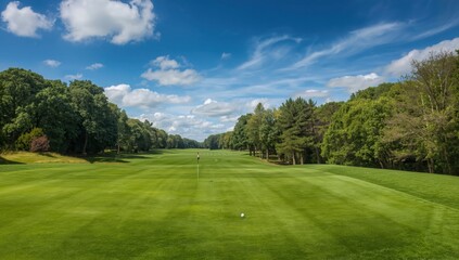 Obraz premium Serene Golf Course Landscape with Lush Green Fairway and Golf Ball under Bright Blue Sky