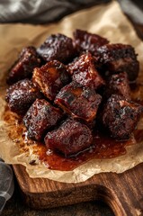 Sticky barbecue burnt ends piled on rustic wooden board with caramelized edges