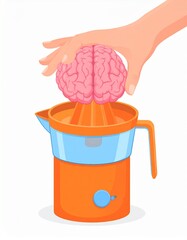 Surreal conceptual illustration of a human hand pressing a brain onto a citrus juicer. The striking image metaphorically explores themes of mental exertion, stress, creativity, intellectual pressure.