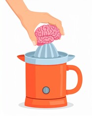Surreal conceptual illustration of a human hand pressing a brain onto a citrus juicer. The striking image metaphorically explores themes of mental exertion, stress, creativity, intellectual pressure.