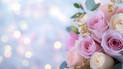 Bouquet of pink and white roses. The roses are arranged in a way that they are not overlapping each other