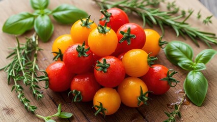 A vibrant mix of red and yellow cherry tomatoes with green basil leaves on a rustic wooden surface.