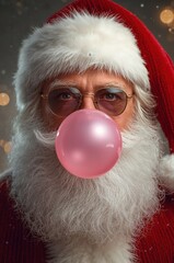 Santa playfully blows a glossy bubblegum bubble amid warm festive lights and winter charm