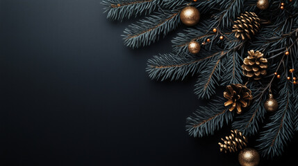 Black background with a tree branch with pine cones and gold balls. The pine cones are on the right side of the branch