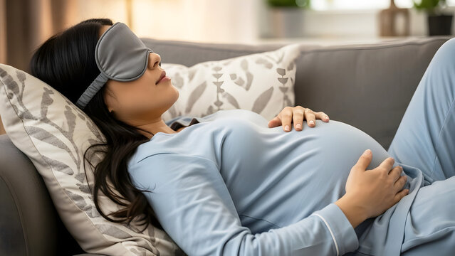 Pregnant woman wearing sleep mask and relaxing on couch indoors   - Powered by Adobe