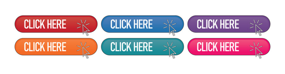 Set of colorful "Click Here" web buttons with mouse cursor icons