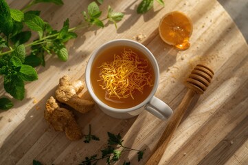Steaming ginger lemon tea with turmeric honey and fresh herbs overhead
