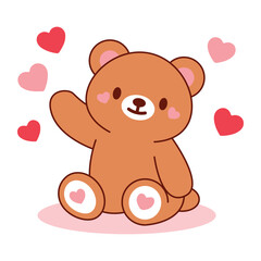 Fototapeta premium Waving Teddy Bear with Hearts Valentine Design
