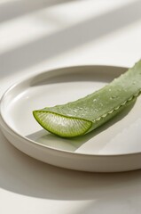Fresh aloe vera slice glowing softly on white ceramic plate in daylight