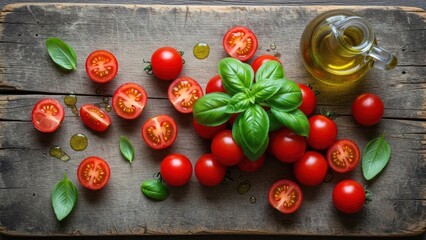Fresh cherry tomatoes and basil leaves on a rustic wooden table.