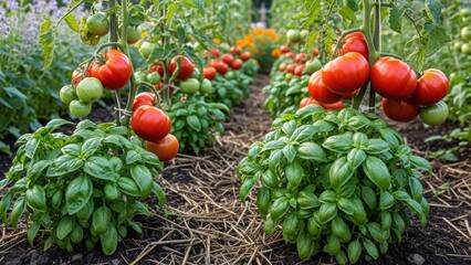 Two tomato plants with ripe red tomatoes and basil plants in a garden bed.