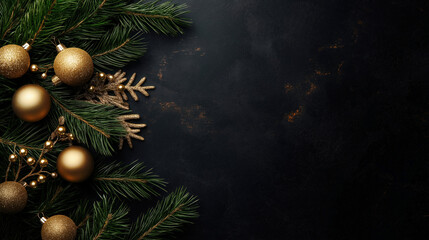 Black background with a tree branch with gold ornaments on it. The branch is full of shiny gold ornaments, including a variety of different shapes and sizes