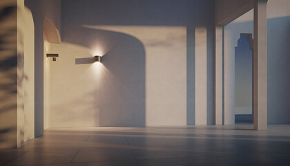 Minimalist Loggia Interior with Moroccan arches, dramatic light, and starry night view, perfect for spiritual concepts, luxury architecture backgrounds, product staging, and elegant advertisements