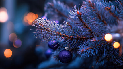 Christmas tree with blue and purple ornaments. The tree is lit up with lights