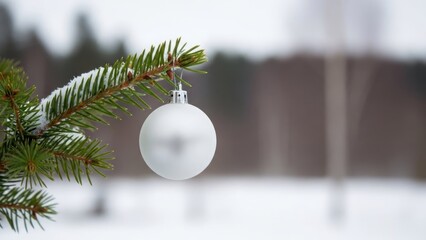 A white Christmas ball hanging from a pine branch in a snowy forest.