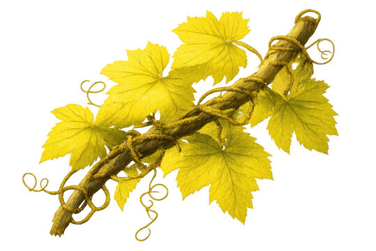 Yellow grapevine leaves and tendrils wrapping on a brown branch, depicting autumn foliage with a transparent background