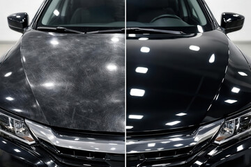 Car paint transformation showcasing the before-and-after of a detailing service result.