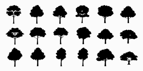 Collection of diverse black silhouette trees against a plain white background