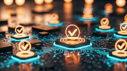 Digital Verification and Blockchain Approval Icons on Glowing Circuit Board Technology Background