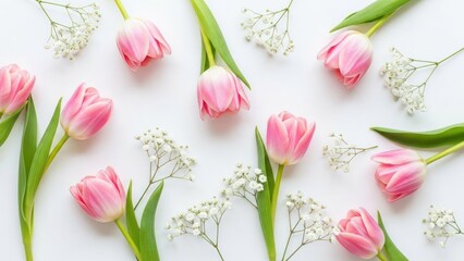 Pink tulips and baby's breath flowers on a white background.