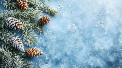 Blue background ice with pine cones on it. Tree branch with pine cones and gold ornaments. The pine cones are on the left side of the branch