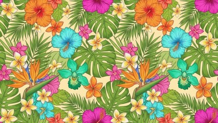 Tropical floral pattern with vibrant colors and green leaves on a beige background.