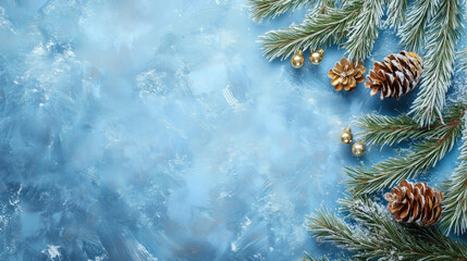 Blue background ice with pine trees and snow. The pine trees have gold bells on them