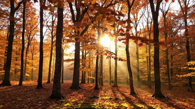 Sunlight through Autumn Forest - A picturesque scene of a forest in autumn, featuring a beautiful display of orange and yellow leaves.