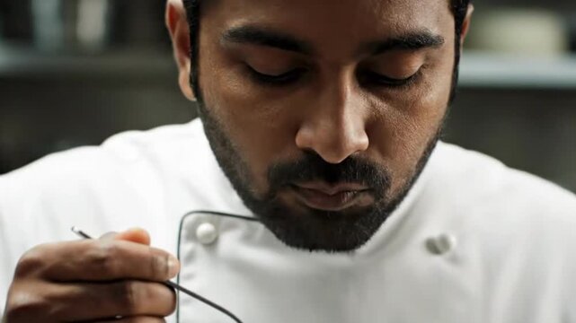 Indian Chef Tasting Food in Professional Kitchen