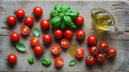 Fresh cherry tomatoes and basil leaves on a wooden table with a glass bottle of olive oil.