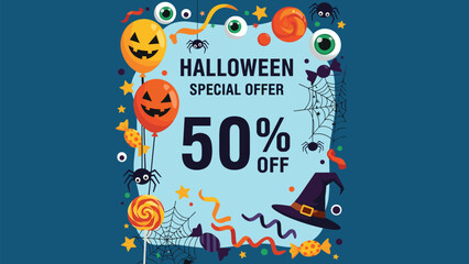 Vibrant Halloween special offer banner featuring spooky balloons, pumpkin lanterns, candy, and a witch hat on a dark blue background.