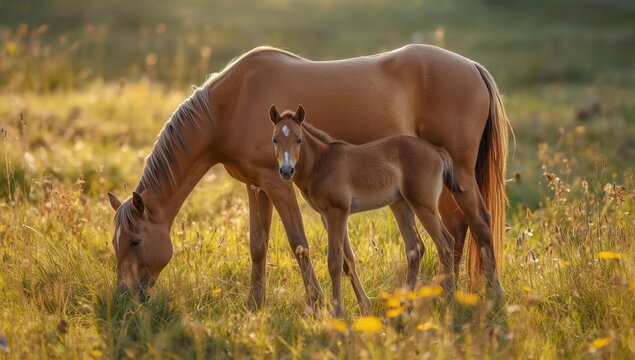 Mother Horse and Foal Grazing Together in a Sunlit Meadow