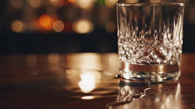 An empty ornate glass sits on a gleaming wet wooden bar counter, reflecting the blurred ambient lights of a late-night establishment