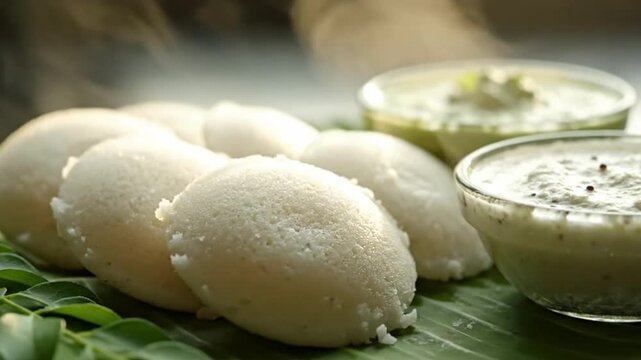 Hot Idli with Chutney South Indian Breakfast Food Served on Leaf