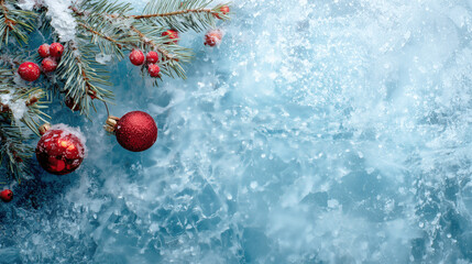 Beautiful blue ice background with a Christmas tree in the center. The tree is adorned with red and white ornaments, including a red and white ball. The scene is set against a backdrop of snow