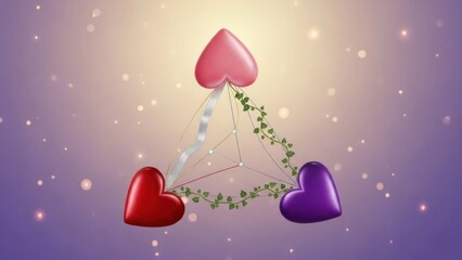 Three hearts in a triangular formation with a vine and a geometric structure in the background.