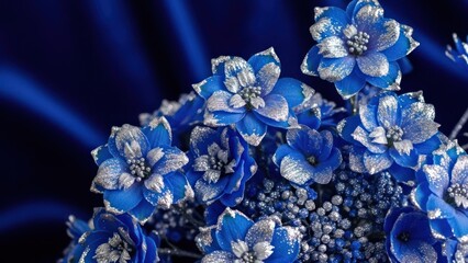 A vibrant blue and silver flower arrangement against a dark blue background.