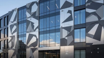A modern office building with geometric patterns on the facade.