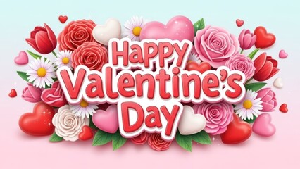 A colorful Valentine's Day card with roses, hearts, and flowers.