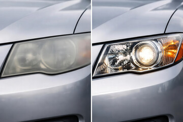 Before and after shot of a car headlight restoration, showing improved clarity and function.