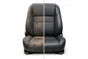 Comparison showcasing a car seat before and after a meticulous detailing and cleaning process.