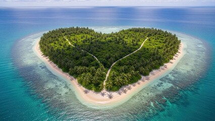 A heart-shaped island with palm trees and a sandy beach in the Maldives.