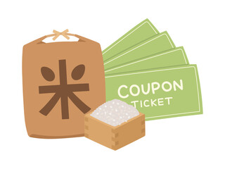 おこめ券イメージイラスト お米が入った茶袋と升、クーポン券数枚
